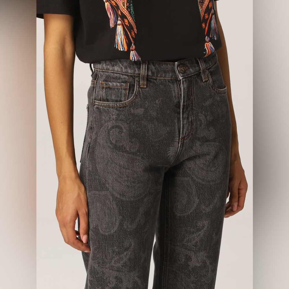 NEW Etro Ibiza Paisley Fray Hem Ankle Straight Leg Jeans Printed Denim